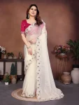 TRENDING CHIFFON SILK EMBROIDERY WITH PIPING BORDER WORK SAREE WITH UNSTITCHED BLOUSE OFF WHITE