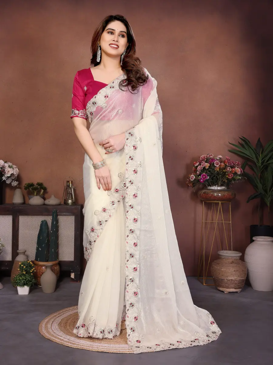 TRENDING CHIFFON SILK EMBROIDERY WITH PIPING BORDER WORK SAREE WITH UNSTITCHED BLOUSE WEDDING WEAR WHOLESALE PRICE ETHNIC GARMENT (4)