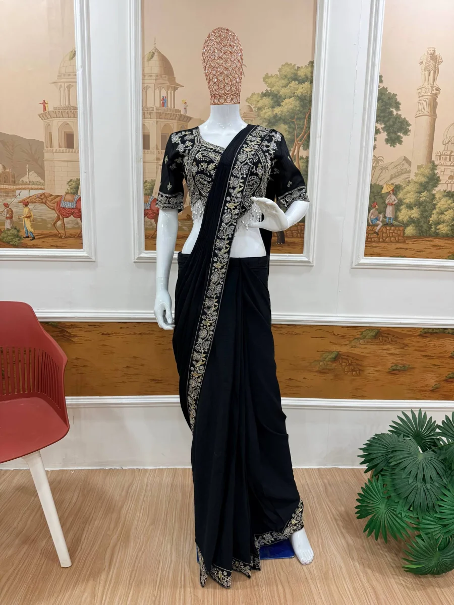 TRENDING CHINON SEMI- BEADS EMBROIDERY WORK READY TO WEAR SAREE WITH STITCHED BLOUSE PARTY WEAR WHOLESALE PRICE ETHNIC GARMENT (10)