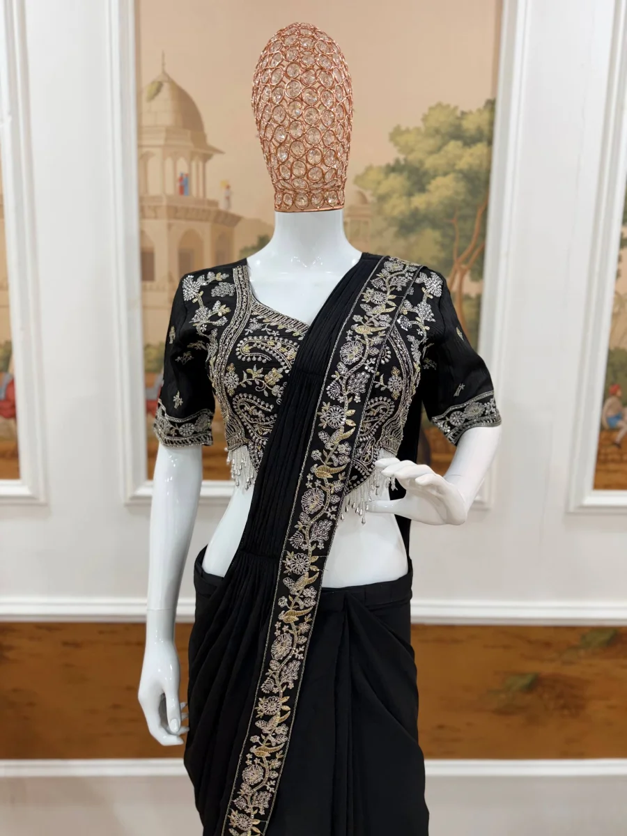 TRENDING CHINON SEMI- BEADS EMBROIDERY WORK READY TO WEAR SAREE WITH STITCHED BLOUSE PARTY WEAR WHOLESALE PRICE ETHNIC GARMENT (13)