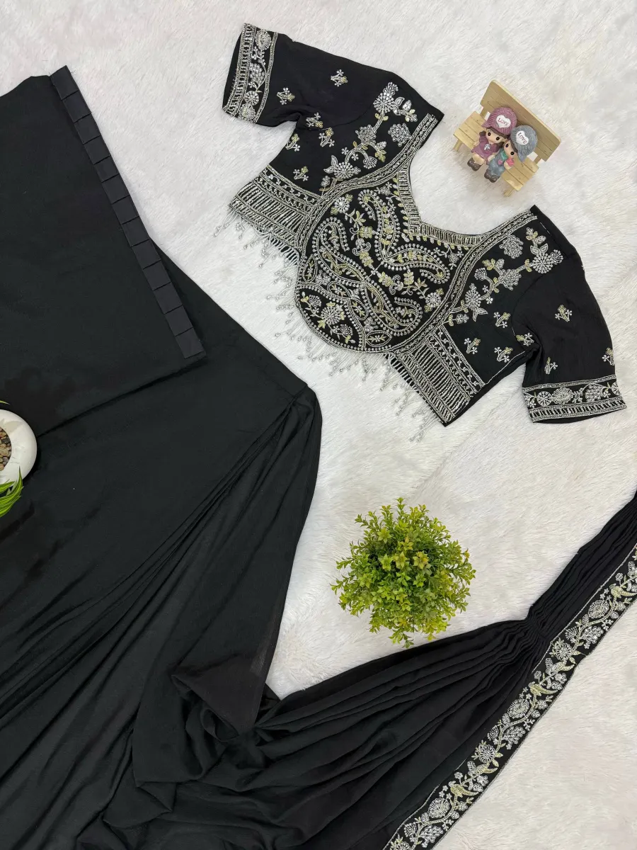 TRENDING CHINON SEMI- BEADS EMBROIDERY WORK READY TO WEAR SAREE WITH STITCHED BLOUSE PARTY WEAR WHOLESALE PRICE ETHNIC GARMENT (18)