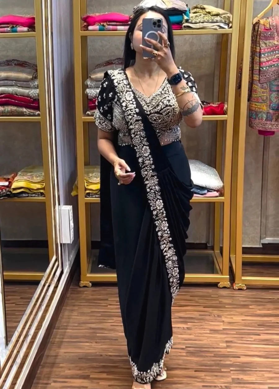 TRENDING CHINON SEMI- BEADS EMBROIDERY WORK READY TO WEAR SAREE WITH STITCHED BLOUSE PARTY WEAR WHOLESALE PRICE ETHNIC GARMENT (6)