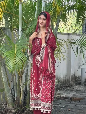 TRENDING COTTON PRINT WITH EMBROIDERY SEQUENCE WORK TOP BOTTOM WITH DUPATTA MAROON