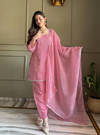TRENDING CRUNCHY SILK SWAROVSKI ,WITH FANCY LACE WORK TOP PATIYALA WITH DUPATTA BABY PINK