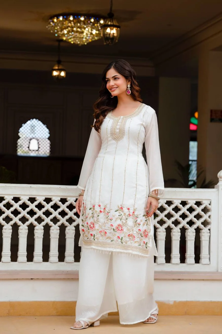 TRENDING FENDY SILK BEADS WORK TOP PALAZZO WITH DUPATTA WEDDING WEAR WHOLESALE PRICE ETHNIC GARMENT (1)
