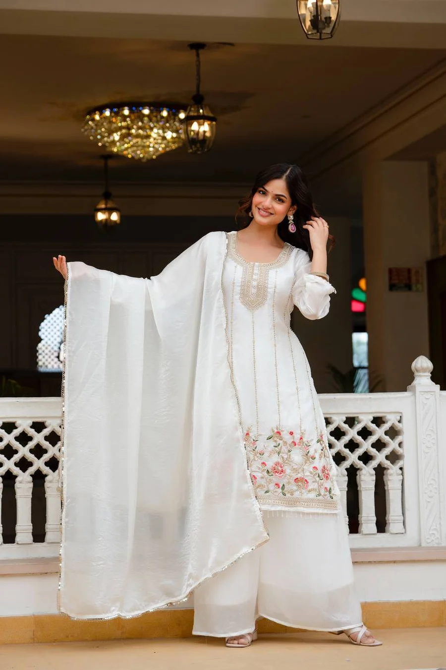TRENDING FENDY SILK BEADS WORK TOP PALAZZO WITH DUPATTA WEDDING WEAR WHOLESALE PRICE ETHNIC GARMENT (3)