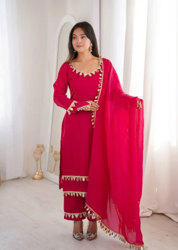 TRENDING FENDY SILK REAL MIRROR LACE WORK TOP BOTTOM WITH DUPATTA PINK