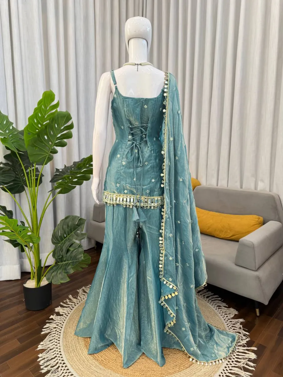 TRENDING FENDY SILK THREAD WITH SEQUENCE WITH REAL MIRROR WITH READYMADE LACE BORDER WORK TOP PALAZZO WITH DUPATTA FESTIVE WEAR WHOLESALE PRICE ETHNIC GARMENT (4)