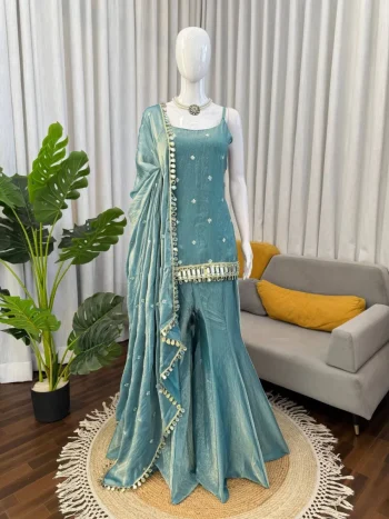TRENDING FENDY SILK THREAD WITH SEQUENCE WITH REAL MIRROR WITH READYMADE LACE BORDER WORK TOP PALAZZO WITH DUPATTA SKY