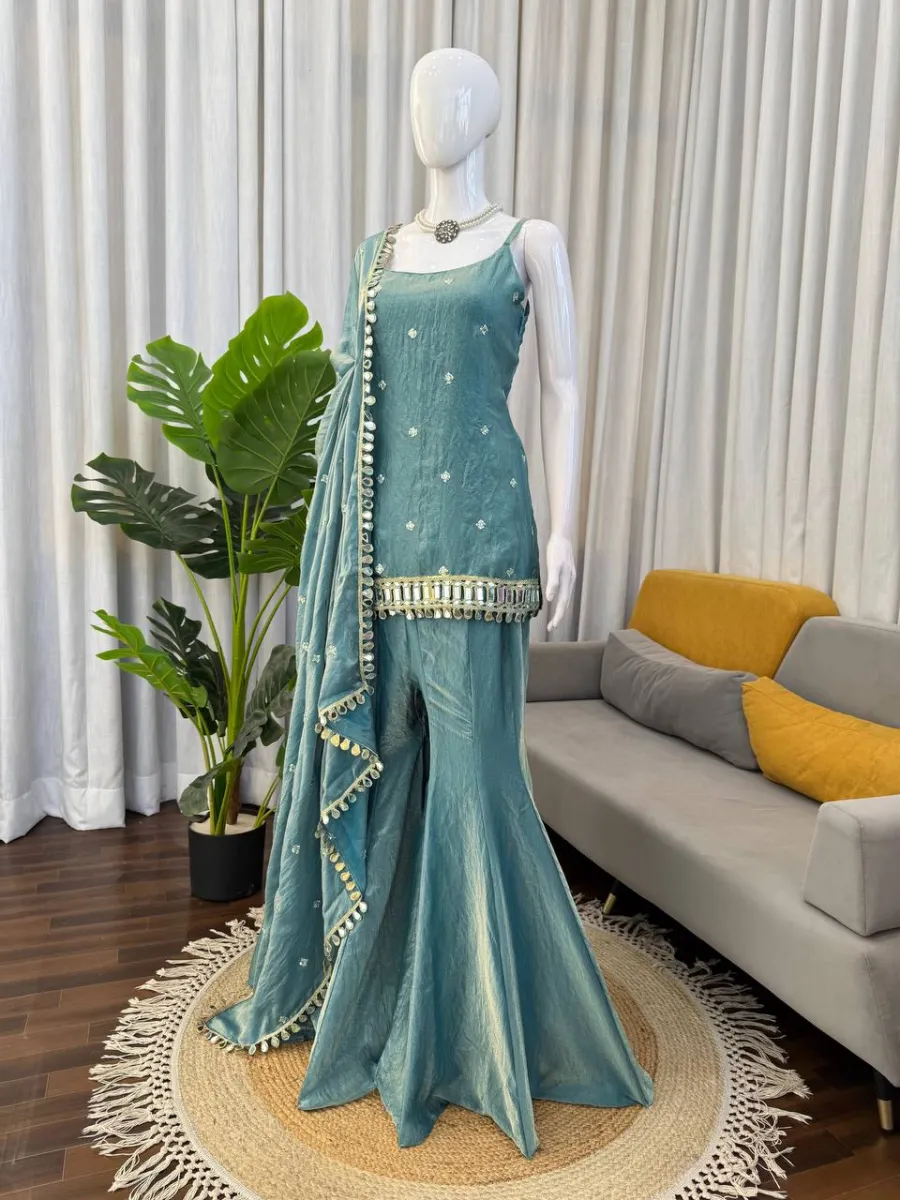 TRENDING FENDY SILK THREAD WITH SEQUENCE WITH REAL MIRROR WITH READYMADE LACE BORDER WORK TOP PALAZZO WITH DUPATTA FESTIVE WEAR WHOLESALE PRICE ETHNIC GARMENT (6)