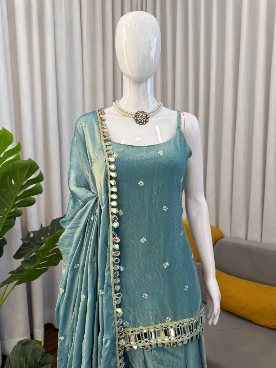 TRENDING FENDY SILK THREAD WITH SEQUENCE WITH REAL MIRROR WITH READYMADE LACE BORDER WORK TOP PALAZZO WITH DUPATTA FESTIVE WEAR WHOLESALE PRICE ETHNIC GARMENT (8)