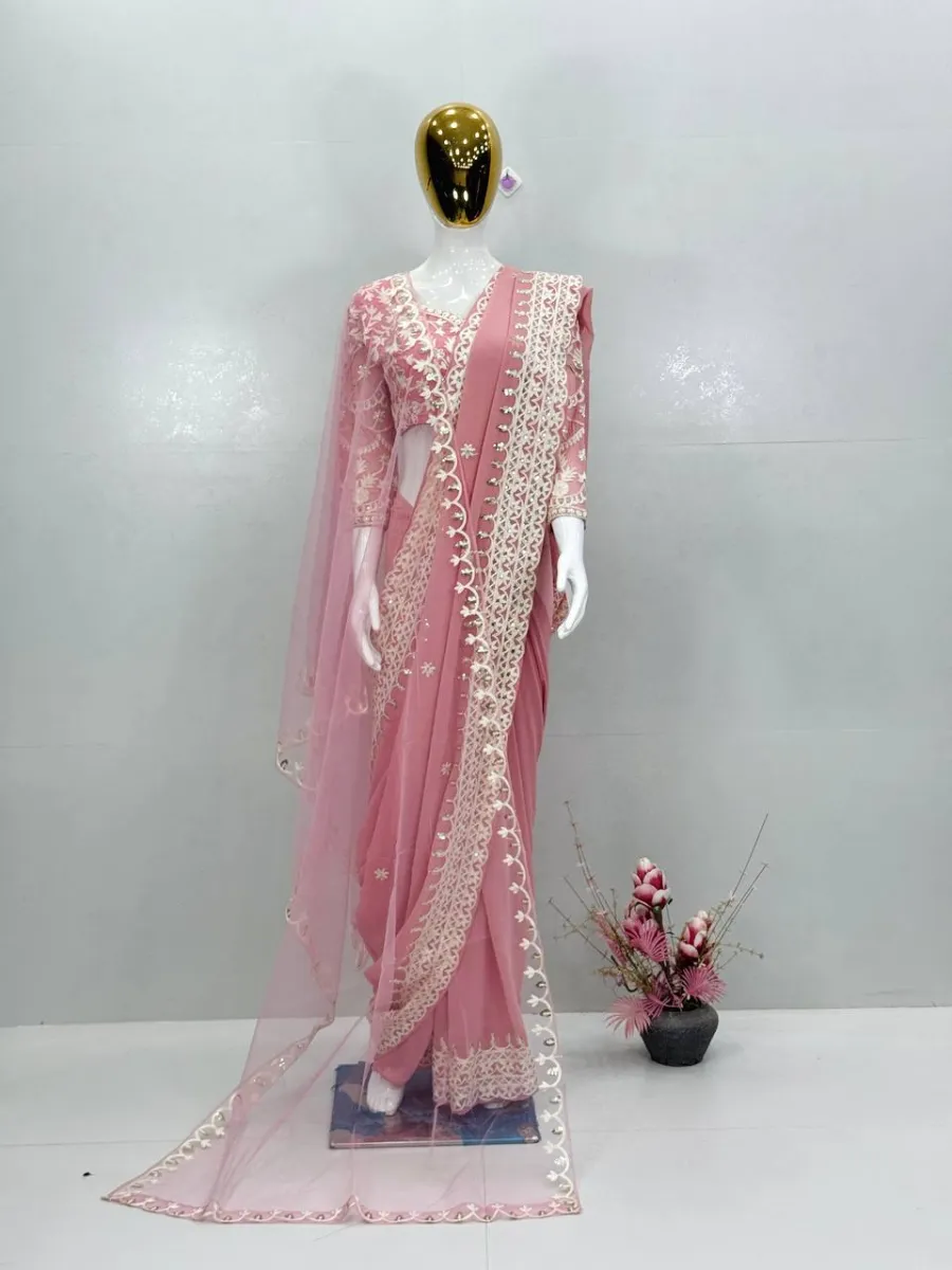 TRENDING GEORGETTE CHAIN SEQUENCE WORK SAREE WITH UNSTITCHED BLOUSE AND DUPATTA WEDDING WEAR WHOLESALE PRICE ETHNIC GARMENT (1)