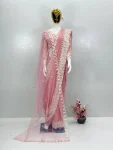TRENDING GEORGETTE CHAIN SEQUENCE WORK SAREE WITH UNSTITCHED BLOUSE AND DUPATTA WEDDING WEAR WHOLESALE PRICE ETHNIC GARMENT (1)
