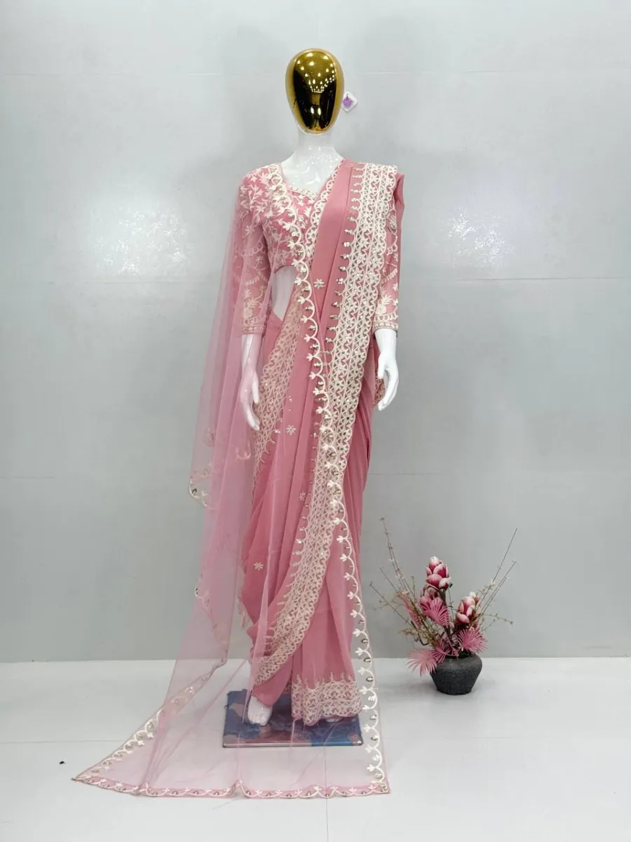 TRENDING GEORGETTE CHAIN SEQUENCE WORK SAREE WITH UNSTITCHED BLOUSE AND DUPATTA WEDDING WEAR WHOLESALE PRICE ETHNIC GARMENT (3)