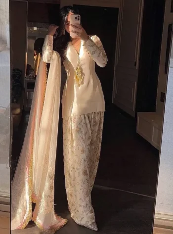 TRENDING GLASS SATIN EMBROIDERY 3 MM SEQUENCE WORK TOP PATIYALA WITH DUPATTA OFF WHITE