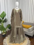 TRENDING NATURAL CREPE THREAD WITH SEQUENCE & FANCY LACE WORK TOP PALAZZO WITH DUPATTA GREY