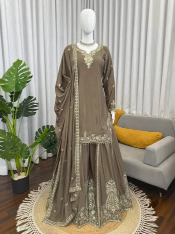 TRENDING NATURAL CREPE THREAD WITH SEQUENCE & FANCY LACE WORK TOP PALAZZO WITH DUPATTA GREY