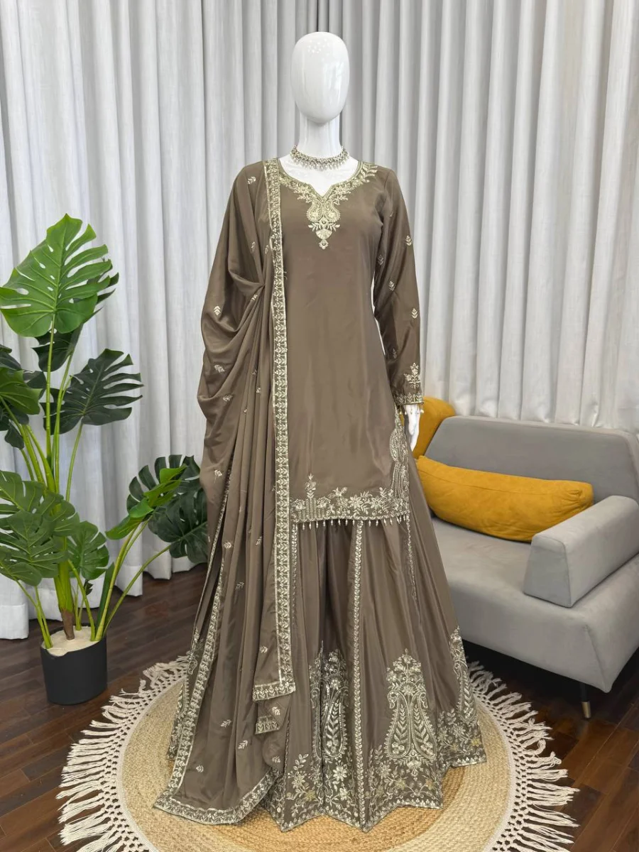 TRENDING NATURAL CREPE THREAD WITH SEQUENCE & FANCY LACE WORK TOP PALAZZO WITH DUPATTA FESTIVE WEAR WHOLESALE PRICE ETHNIC GARMENT (7)