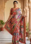 TRENDING ROMAN SILK AJARAKH PRINT AND REAL MIRROR WORK WITH PIPING BORDER WORK SAREE WITH UNSTITCHED BLOUSE MULTI