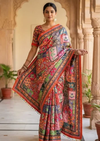 TRENDING ROMAN SILK AJARAKH PRINT AND REAL MIRROR WORK WITH PIPING BORDER WORK SAREE WITH UNSTITCHED BLOUSE MULTI