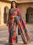 TRENDING ROMAN SILK AJARAKH PRINT AND REAL MIRROR WORK WITH PIPING BORDER WORK SAREE WITH UNSTITCHED BLOUSE MULTI