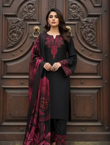 TRENDING ROMAN SILK EMBROIDERY WORK TOP BOTTO WITH DUPATTA BLACK AND RED