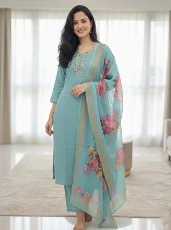 TRENDING SLUB COTTON CUT PASTE EMBROIDERY WORK TOP BOTTOM WITH DUPATTA SKY