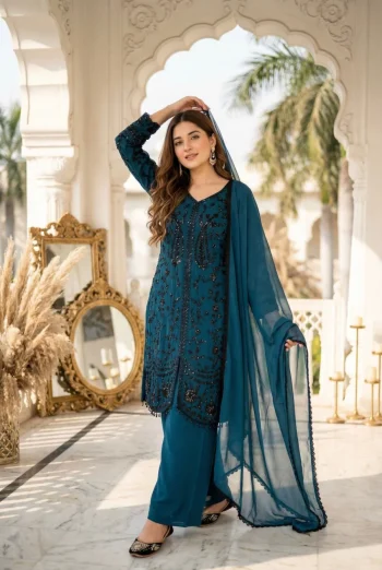 DESIGNER GEORGETTE CHAIN  SEQUENCE WORK WITH FANCY VAL LACE BORDER WORK TOP PALAZZO WITH DUPATTA TEAL