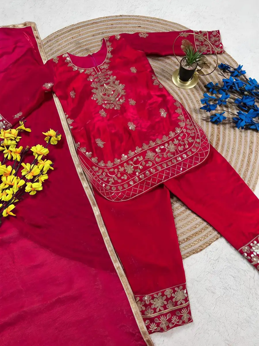 11FANCY GMY SILK EMBROIDERY SEQUENCE WORK KID'S TOP BOTTOM WITH DUPATTA FESTIVE WEAR WHOLESALE PRICE ETHNIC GARMENT (26)