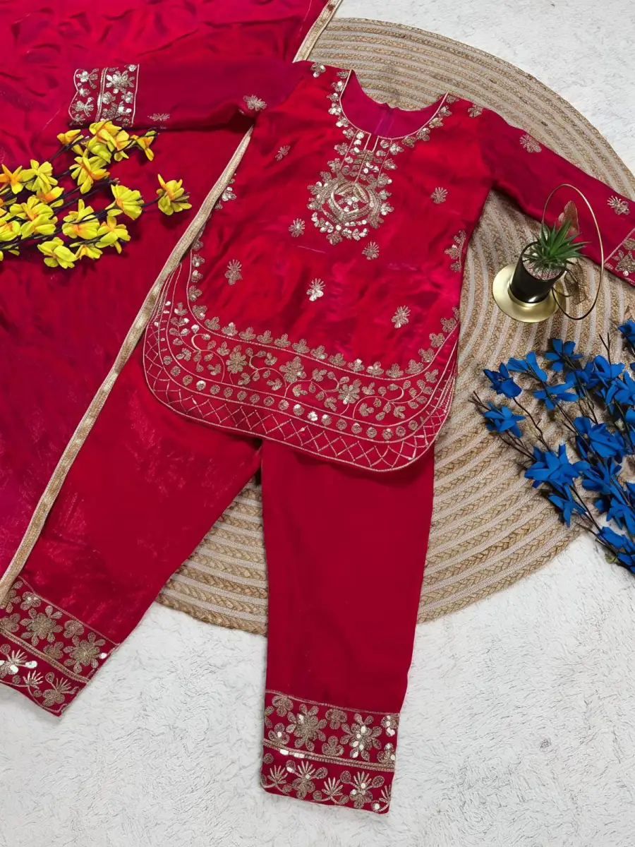 11FANCY GMY SILK EMBROIDERY SEQUENCE WORK KID'S TOP BOTTOM WITH DUPATTA FESTIVE WEAR WHOLESALE PRICE ETHNIC GARMENT (27)