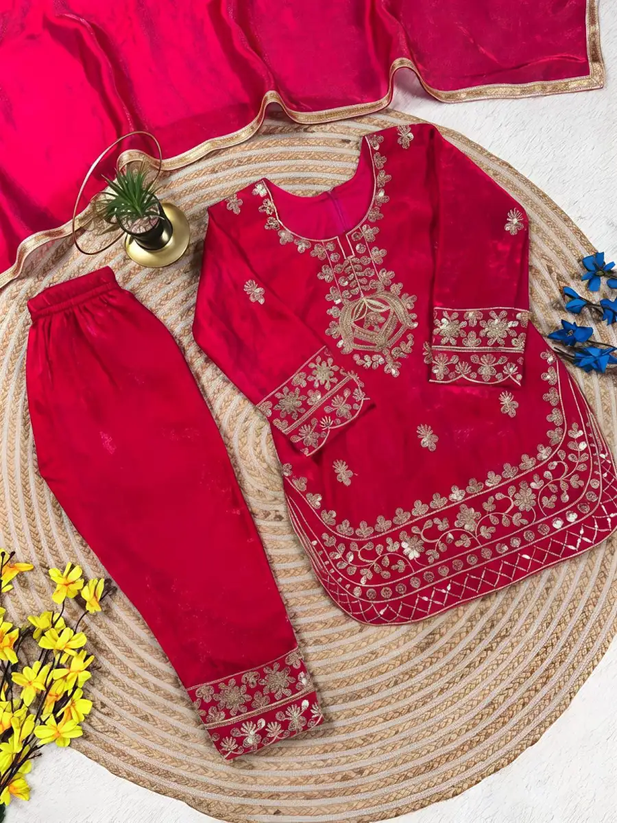 11FANCY GMY SILK EMBROIDERY SEQUENCE WORK KID'S TOP BOTTOM WITH DUPATTA FESTIVE WEAR WHOLESALE PRICE ETHNIC GARMENT (28)