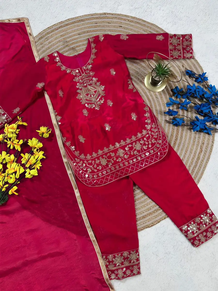 11FANCY GMY SILK EMBROIDERY SEQUENCE WORK KID'S TOP BOTTOM WITH DUPATTA FESTIVE WEAR WHOLESALE PRICE ETHNIC GARMENT (29)