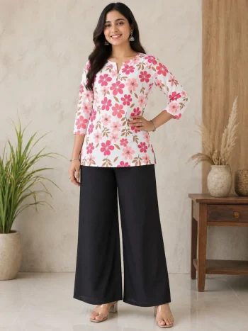 FANCY RAYON DIGITAL PRINT WORK TOP PALAZZO SET PINK AND BLACK