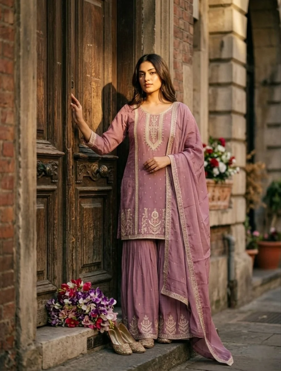 12MODERN CHINON SILK EMBROIDERY CODING, MULTI THREAD, SEQUENCE WITH HAND MIRROR DIAMOND WORK TOP PALAZZO WITH DUPATTA FESTIVE WEAR WHOLESALE PRICE ETHNIC GARMENT (10)