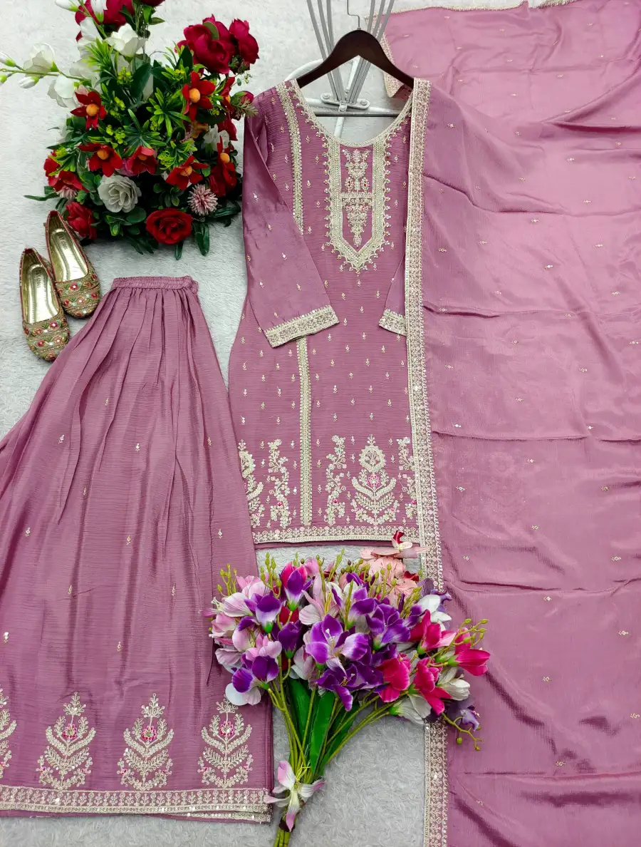 12MODERN CHINON SILK EMBROIDERY CODING, MULTI THREAD, SEQUENCE WITH HAND MIRROR DIAMOND WORK TOP PALAZZO WITH DUPATTA FESTIVE WEAR WHOLESALE PRICE ETHNIC GARMENT (7)