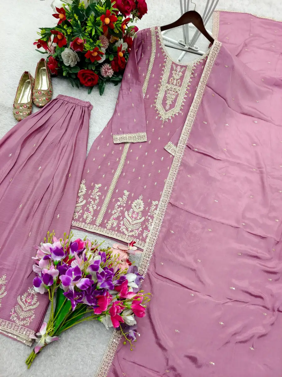 12MODERN CHINON SILK EMBROIDERY CODING, MULTI THREAD, SEQUENCE WITH HAND MIRROR DIAMOND WORK TOP PALAZZO WITH DUPATTA FESTIVE WEAR WHOLESALE PRICE ETHNIC GARMENT (8)
