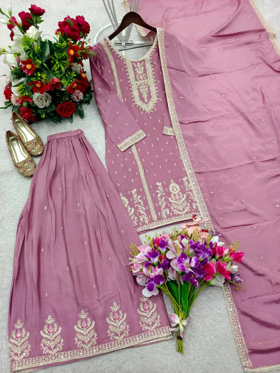 12MODERN CHINON SILK EMBROIDERY CODING, MULTI THREAD, SEQUENCE WITH HAND MIRROR DIAMOND WORK TOP PALAZZO WITH DUPATTA FESTIVE WEAR WHOLESALE PRICE ETHNIC GARMENT (9)