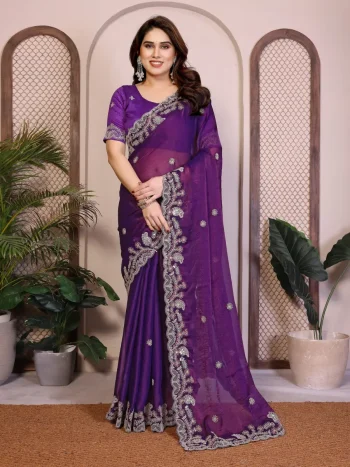 TRENDING CHIFFON SILK EMBROIDERY WITH PIPING BORDER WORK SAREE WITH UNSTITCHED BLOUSE PURPLE