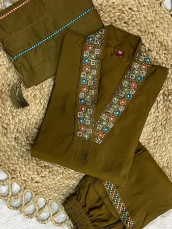TRENDING MANGO SILK EMBROIDERY SEQUENCE & HAND WORK TOP BOTTOM WITH DUPATTA MEHNDI