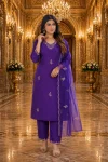MODERN COTTON BLEND EMBROIDERY SEQUENCE WORK TOP BOTTOM WITH DUPATTA PURPLE