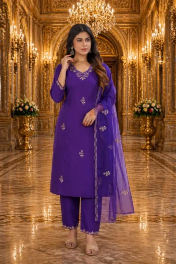 MODERN COTTON BLEND EMBROIDERY SEQUENCE WORK TOP BOTTOM WITH DUPATTA PURPLE