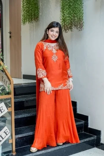 FANCY NATURAL CREPE SEQUENCE CODING EMBROIDERY WORK TOP PALAZZO WITH DUPATTA ORANGE