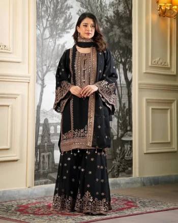 CLASSIC FENDY SILK EMBROIDERY SEQUENCE WORK TOP SHARARA WITH DUPATTA BLACK