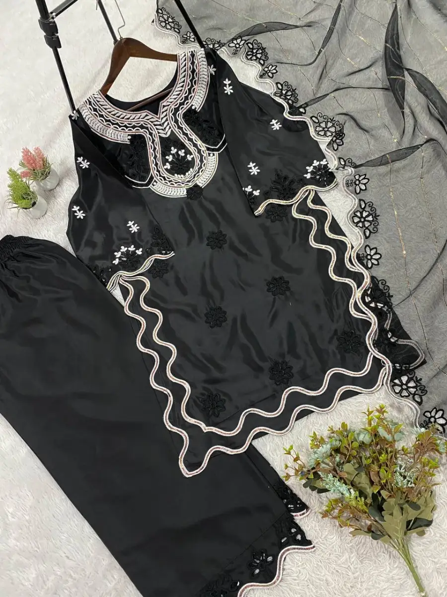 16MODERN CREPE SILK SEQUENCE EMBROIDERY CUT WORK TOP PALAZZO WITH DUPATTA FESTIVE WEAR WHOLESALE PRICE ETHNIC GARMENT (6)