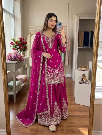 DESIGNER CP VICHITRA SILK EMBROIDERY 5 MM SEQUENCES WORK TOP PALAZZO WITH DUPATTA PINK