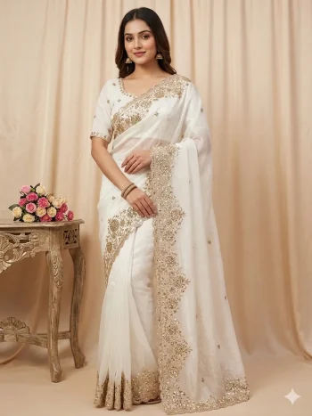 DESIGNER SPACE SILK SEQUENCE AND ZARI EMBROIDERY WITH CODING WORK SAREE WITH UNSTITCHED BLOUSE WHITE