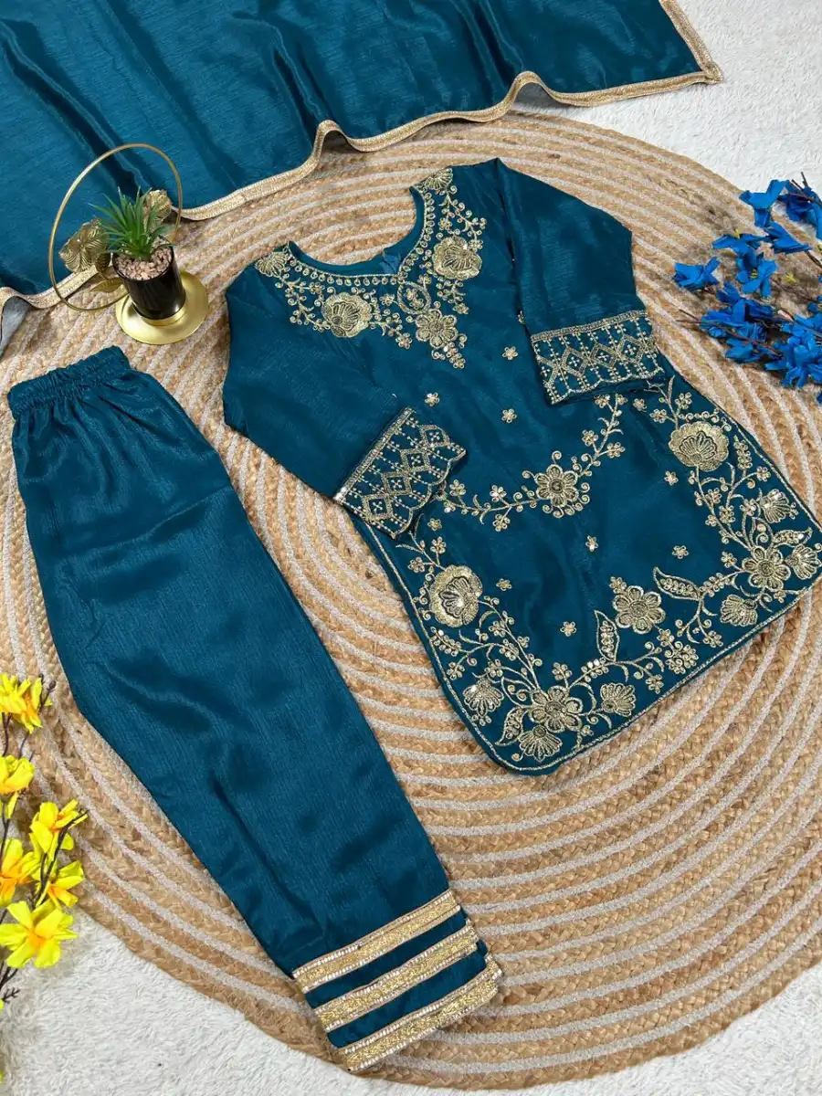 18RICH LOOK CHINON SILK EMBROIDERY SEQUENCE WORK KID'S TOP BOTTOM WITH DUPATTA FESTIVE WEAR WHOLESALE PRICE ETHNIC GARMENT (11)