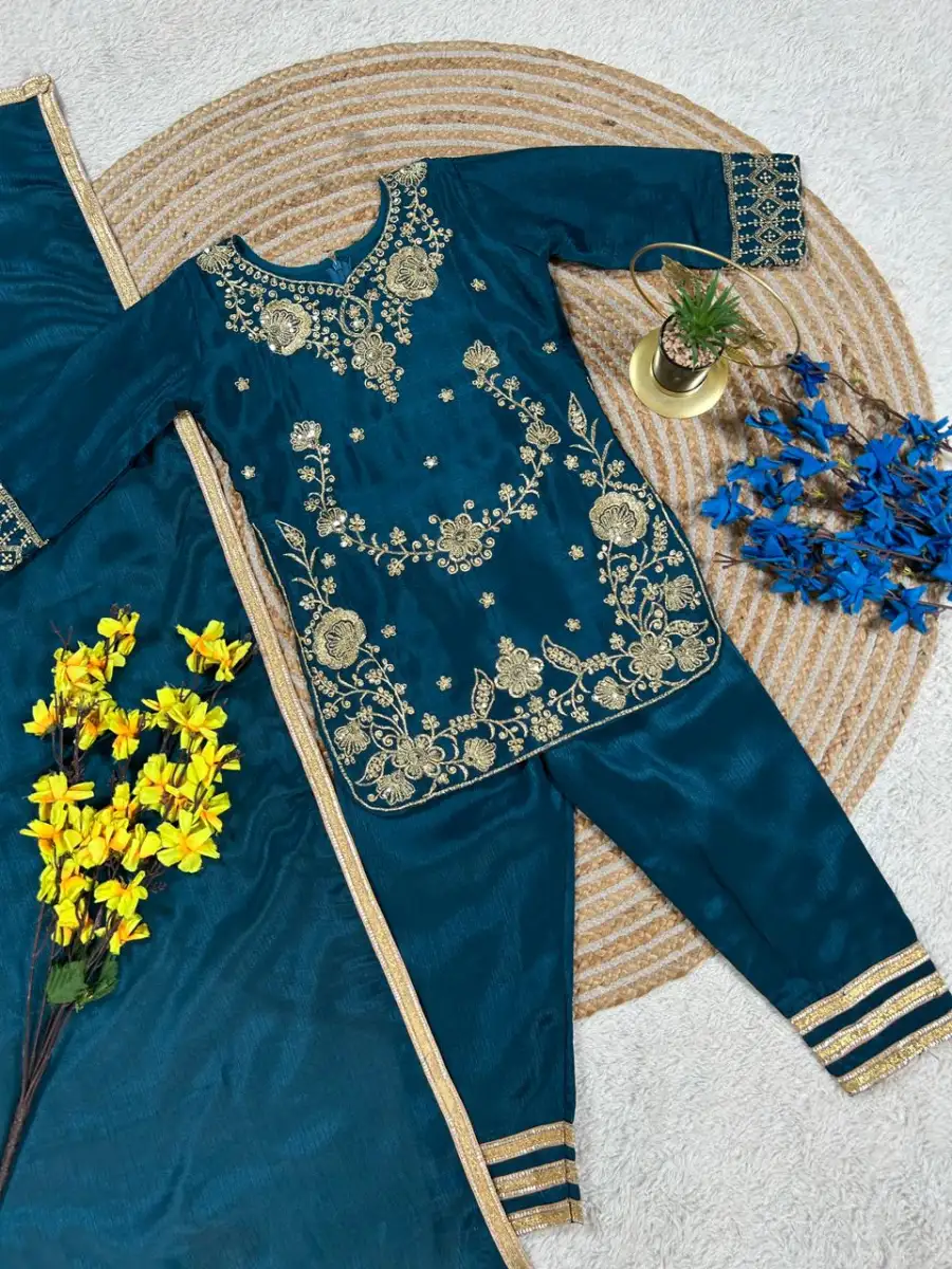 18RICH LOOK CHINON SILK EMBROIDERY SEQUENCE WORK KID'S TOP BOTTOM WITH DUPATTA FESTIVE WEAR WHOLESALE PRICE ETHNIC GARMENT (12)