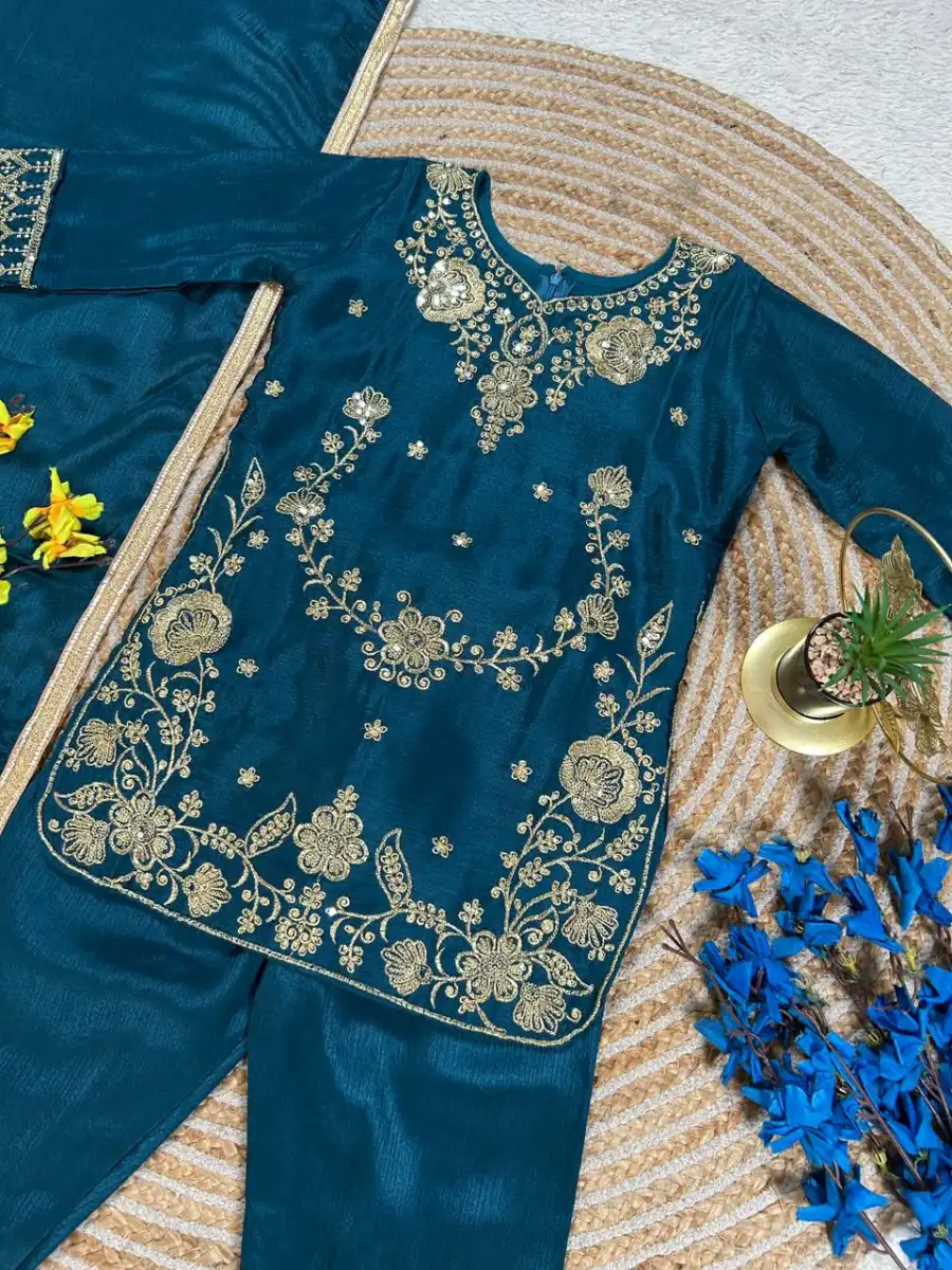 18RICH LOOK CHINON SILK EMBROIDERY SEQUENCE WORK KID'S TOP BOTTOM WITH DUPATTA FESTIVE WEAR WHOLESALE PRICE ETHNIC GARMENT (13)
