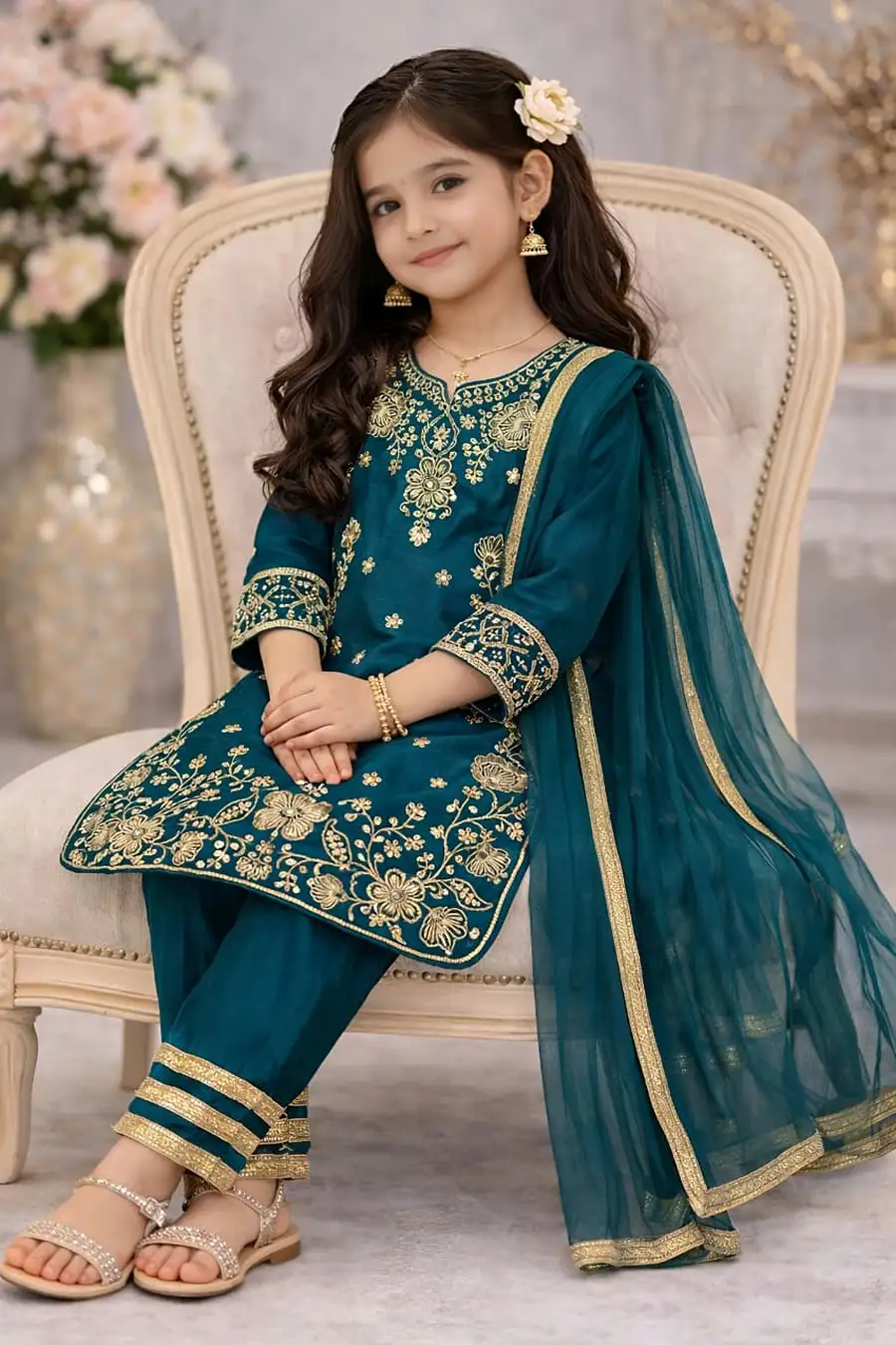 18RICH LOOK CHINON SILK EMBROIDERY SEQUENCE WORK KID'S TOP BOTTOM WITH DUPATTA FESTIVE WEAR WHOLESALE PRICE ETHNIC GARMENT (15)